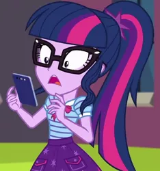 Size: 674x720 | Tagged: safe, derpibooru import, screencap, sci-twi, twilight sparkle, equestria girls, equestria girls series, text support, cropped, mobile phone, phone, shocked, smartphone, solo