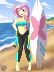 Size: 2625x3500 | Tagged: safe, artist:danmakuman, derpibooru import, fluttershy, blue crushed, equestria girls, equestria girls series, adorasexy, bandeau, barefoot, beach, belly button, breasts, busty fluttershy, cleavage, clothes, commission, cute, feet, female, looking at you, ocean, open mouth, sand, sexy, shyabetes, solo, surfboard, swimsuit, wetsuit