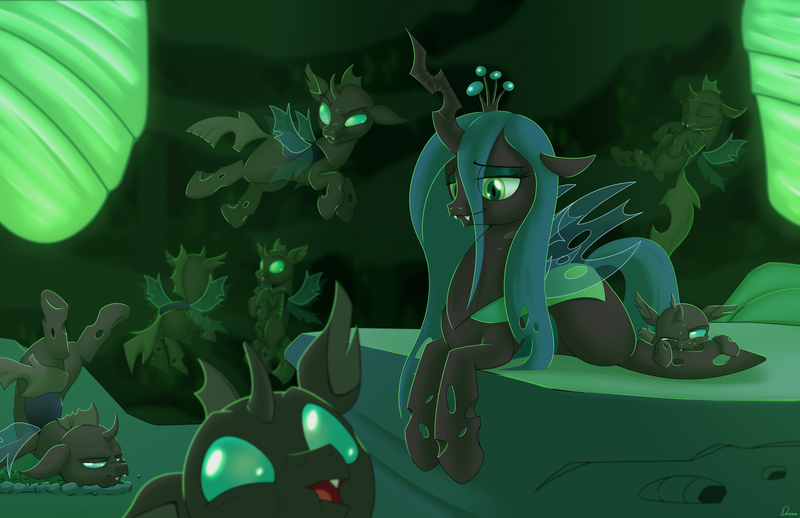 Size: 5100x3300 | Tagged: artist:dmann892, changeling, changeling queen, crown, cute, cutealis, cuteling, derpibooru import, female, flying, fourth wall, hive, jewelry, mommy chrissy, mother, queen chrysalis, regalia, safe, smiling, wallpaper