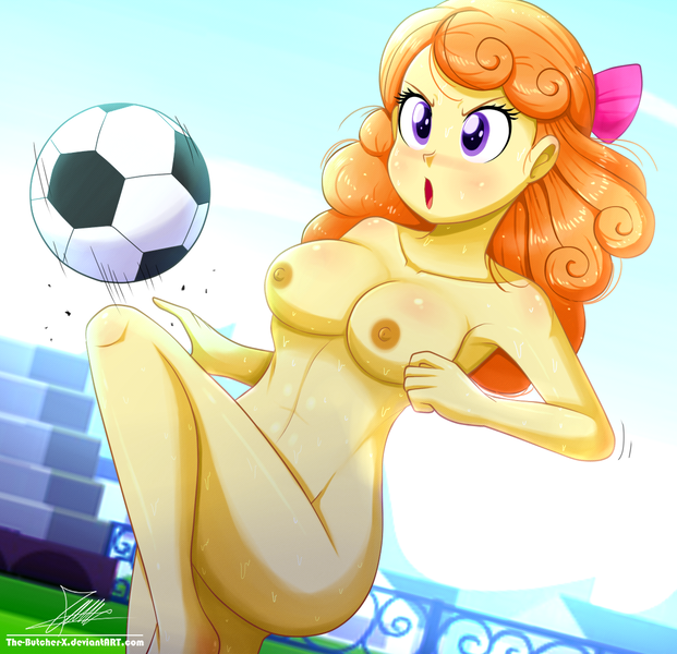 Size: 1160x1120 | Tagged: questionable, artist:the-butch-x, derpibooru import, orange sherbette, equestria girls, armpits, ball, breasts, busty orange sherbette, female, football, nipples, nudity, solo, solo female, sports, sports training x, sweat