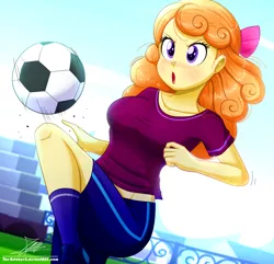 Size: 1160x1120 | Tagged: safe, artist:the-butch-x, derpibooru import, orange sherbette, equestria girls, clothes, football, open mouth, questionable source, solo, sports, sports training x, sweat