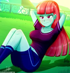 Size: 1120x1160 | Tagged: safe, artist:the-butch-x, derpibooru import, melon mint, equestria girls, clothes, frown, questionable source, sit-ups, solo, sports training x, sweat, workout