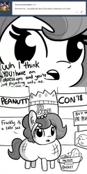 Size: 1650x3300 | Tagged: safe, artist:tjpones, derpibooru import, oc, oc:brownie bun, unofficial characters only, earth pony, pony, horse wife, ask, blatant lies, comic, denial's not just a river in egypt, dialogue, ear fluff, female, food, grayscale, in denial, mare, monochrome, peanut, peanut butter, simple background, text, tumblr, white background
