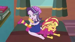 Size: 1196x673 | Tagged: suggestive, artist:cesar3o0, derpibooru import, starlight glimmer, sunset shimmer, equestria girls, barefoot, breasts, cleavage, clothes, erotic tickling, feet, female, fetish, foot fetish, foot worship, lesbian, licking, licking foot, shimmerglimmer, shipping, slippers, tickle fetish, tickling, tongue out, wallpaper, wallpaper for the fearless