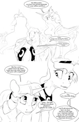 Size: 1980x3060 | Tagged: safe, artist:silfoe, derpibooru import, princess celestia, princess luna, twilight sparkle, twilight sparkle (alicorn), alicorn, pony, royal sketchbook, alicorn triarchy, black and white, both cutie marks, comic, crowd, dialogue, female, grayscale, lesbian, mare, monochrome, rear view, royal sisters, shipping, simple background, speech, speech bubble, twiluna, white background