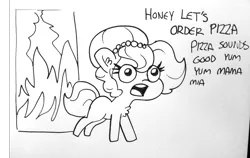 Size: 1920x1210 | Tagged: safe, artist:tjpones, derpibooru import, oc, oc:brownie bun, unofficial characters only, earth pony, pony, horse wife, black and white, chest fluff, dialogue, ear fluff, female, fire, food, grayscale, i have failed the dins, ink drawing, lineart, mare, monochrome, pizza, pizza time, simple background, solo, this ended in fire, this is fine, this will end in death, this will end in pizza time, this will end in tears and/or death, traditional art, white background, xk-class end-of-the-kitchen scenario