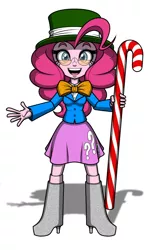 Size: 572x967 | Tagged: safe, artist:pedantczepialski, derpibooru import, part of a set, pinkie pie, equestria girls, alternate universe, candy, candy cane, clothes, doll, eqg:tps minis, equestria girls minis, equestria girls: the parody series, hat, looking at you, simple background, smiling, solo, top hat, toy, white background
