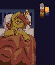 Size: 254x300 | Tagged: artist:unpeeledwasp, bed, derpibooru import, male, oc, oc:gearlock, on bed, pixel art, safe, solo