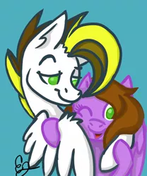 Size: 1000x1200 | Tagged: safe, derpibooru import, oc, oc:ban pinna, oc:lilac sciath, unofficial characters only, pegasus, pony, brown, couple, cute, digital art, feather, female, firealpaca, giggling, green eyes, hooves, hug, love, male, mane, mare, pose, purple, selfie, smiling, smirk, stallion, white, wings, yellow