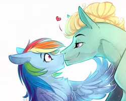 Size: 1280x1023 | Tagged: safe, artist:green brush, derpibooru import, rainbow dash, zephyr breeze, pegasus, pony, chest fluff, cute, ear fluff, female, heart, male, mare, profile, shipping, shocked, simple background, smiling, solo, stallion, straight, white background, zephdash