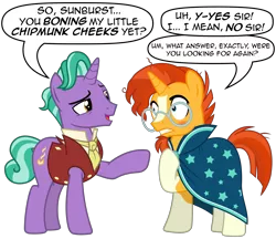 Size: 3700x3200 | Tagged: suggestive, artist:cheezedoodle96, derpibooru import, firelight, sunburst, pony, the parent map, .svg available, comic, dialogue, embarrassed, fathers gonna father, firelight the shipper, implied starburst, lewd, lidded eyes, shipper on deck, shocked, simple background, speech bubble, subtle as a train wreck, surprised, svg, text, that pony sure does want grandfoals, transparent background, vector