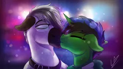 Size: 3840x2160 | Tagged: safe, artist:lupiarts, derpibooru import, oc, oc:lupi, oc:lupiarts, oc:snoopy stallion, unofficial characters only, pony, city, female, floppy ears, kissing, lights, male, oc x oc, romance, shipping, straight