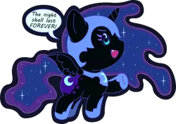 Size: 2000x1404 | Tagged: safe, artist:doctor-g, derpibooru import, nightmare moon, alicorn, pony, chibi, dialogue, ethereal mane, female, galaxy mane, simple background, smiling, speech bubble, transparent background, wingding eyes