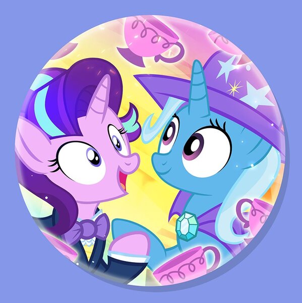 Size: 800x801 | Tagged: safe, artist:pixelkitties, derpibooru import, starlight glimmer, trixie, unicorn, button, cape, clothes, cute, female, hat, lesbian, magic, shipping, startrix, suit, teacup, that pony sure does love teacups, trixie's cape, trixie's hat, tuxedo