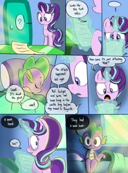 Size: 900x1214 | Tagged: semi-grimdark, artist:emositecc, derpibooru import, spike, starlight glimmer, dragon, pony, unicorn, comic:empty halls, ..., bags under eyes, bedroom, comic, dialogue, duo, female, glowing horn, levitation, magic, male, mare, notes, possessed, sleeping, telekinesis