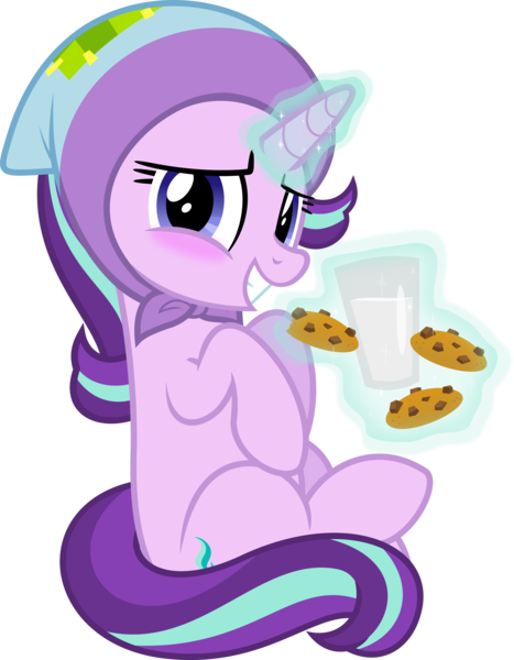 Size: 5562x7144 | Tagged: safe, artist:jhayarr23, derpibooru import, starlight glimmer, pony, unicorn, the parent map, absurd resolution, babushka, clothes, cookie, cute, female, food, glimmerbetes, glowing horn, headscarf, magic, mare, milk, milk and cookies, scarf, simple background, solo, telekinesis, transparent background, vector