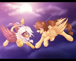 Size: 3599x2900 | Tagged: safe, artist:fkk, derpibooru import, oc, oc:eternal light, oc:kalli, unofficial characters only, alicorn, gryphon, alicorn oc, commission, female, flying, male, moon, night, stallion, wings, ych result