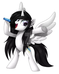 Size: 1024x1273 | Tagged: safe, artist:centchi, derpibooru import, oc, oc:star song, alicorn, pony, bipedal, dexterous hooves, female, mare, microphone, simple background, solo, transparent background, watermark