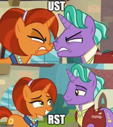 Size: 500x562 | Tagged: suggestive, derpibooru import, edit, edited screencap, screencap, firelight, stellar flare, pony, unicorn, the parent map, acronym, angry, before and after, caption, discovery family logo, female, happy, image macro, imgflip, implied sex, lidded eyes, male, mare, meme, sexual tension, shipping, stallion, stellarlight, ust