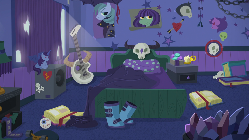 Size: 1920x1080 | Tagged: bad guitar anatomy, bat pony alicorn, bed, bedroom, book, boots, chains, crystal, derpibooru import, edgelight glimmer, eyeball, goth, guitar, it's a phase, it's not a phase, it's not a phase mom it's who i am, kite, no pony, plushie, poster, safe, screencap, shoes, skateboard, skull, starlight glimmer, starlight's room, the parent map