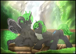 Size: 4100x2900 | Tagged: safe, artist:flareheartmz, derpibooru import, oc, oc:azure slash, oc:ciardite, changeling, moth, mothling, original species, pony, unicorn, green changeling, male, marriage proposal, species swap, stallion, tearing up, waterfall, wings