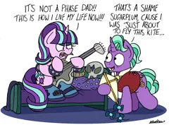 Size: 2455x1735 | Tagged: safe, artist:bobthedalek, derpibooru import, firelight, starlight glimmer, pony, unicorn, the parent map, angry, bed, boots, clothes, duo, edgelight glimmer, father and daughter, fathers gonna father, female, guitar, it's a phase, it's not a phase, kite, male, mare, shoes, simple background, stallion, starlight's room, teenage glimmer, that pony sure does love kites, white background