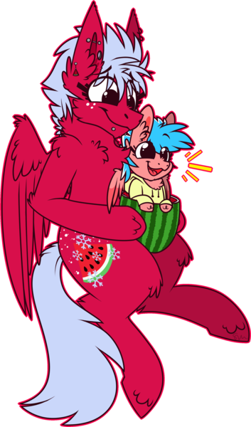 Size: 906x1539 | Tagged: safe, artist:dr-idiot, derpibooru import, oc, oc:melon frost, oc:pink licorice, unofficial characters only, pegasus, pony, chest fluff, clothes, commission, cute, ear piercing, earring, female, food, freckles, hoodie, jewelry, mother and daughter, offspring, parent:oc:creamy pinch, parent:oc:melon frost, parents:oc x oc, piercing, simple background, snake bites, transparent background, watermelon