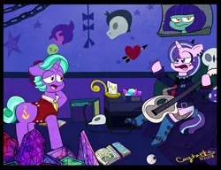 Size: 2582x1980 | Tagged: safe, artist:caytarts, derpibooru import, firelight, starlight glimmer, pony, unicorn, the parent map, alternate hairstyle, clothes, edgelight glimmer, emo, father and daughter, female, goth, guitar, it's a phase, it's not a phase, male, rickroll, starlight's room, teenage glimmer