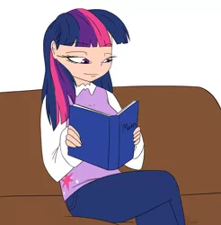 Size: 4666x4746 | Tagged: absurd resolution, artist:ggchristian, book, clothes, derpibooru import, female, human, human female, humanized, pants, reading, safe, simple background, solo, sweater vest, twilight sparkle, white background