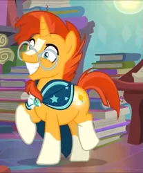Size: 595x720 | Tagged: safe, derpibooru import, screencap, sunburst, pony, unicorn, the parent map, book, booty call, cropped, cute, excited, glowing cutie mark, grin, male, raised hoof, raised leg, smiling, solo, squee, stallion, sunbetes, wide eyes