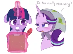 Size: 800x591 | Tagged: safe, artist:puetsua, derpibooru import, starlight glimmer, twilight sparkle, twilight sparkle (alicorn), alicorn, pony, unicorn, the parent map, blanket, clipboard, dialogue, duo, female, floppy ears, glowing horn, headscarf, magic, mare, quill, scarf, simple background, starlight is not amused, telekinesis, unamused, white background