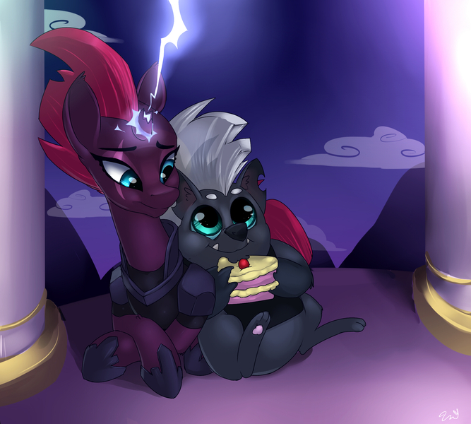 Size: 2000x1800 | Tagged: safe, artist:passigcamel, derpibooru import, grubber, tempest shadow, pony, my little pony: the movie, armor, broken horn, cake, crossed hooves, cute, eye scar, female, food, friendship, grubberbetes, prone, scar, sparking horn