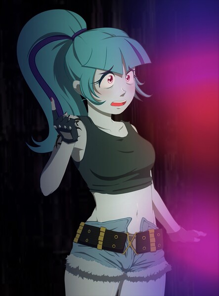 Artist Amazingpuffhair Belly Button Black Lagoon Breasts Clothes Cosplay Costume Derpibooru Import Equestria Girls Female Maryke Hendrikse Midriff Nail Polish Nervous Ponytail Rainbow Rocks Revy Shorts Solo Solo Female