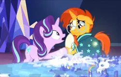 Size: 1126x720 | Tagged: safe, derpibooru import, screencap, starlight glimmer, sunburst, pony, unicorn, the parent map, booty call, crying, female, glasses, glowing cutie mark, male, mare, stallion