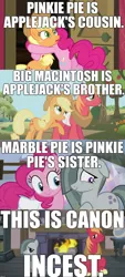 Size: 1280x2842 | Tagged: safe, derpibooru import, edit, edited screencap, screencap, applejack, big macintosh, marble pie, pinkie pie, earth pony, pony, applebuck season, hearthbreakers, pinkie apple pie, butt, canon, comic, cousins, downvote bait, female, fire, image macro, implied incest, male, marblemac, mare, meme, plot, shipping, siblings, slowpoke, stallion, straight