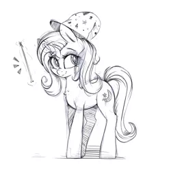 Size: 1660x1660 | Tagged: safe, artist:dapurpleheart, derpibooru import, trixie, pony, unicorn, chest fluff, female, glowing horn, grayscale, hat, looking at you, magic, magic wand, mare, monochrome, simple background, sketch, smiling, solo, telekinesis, white background