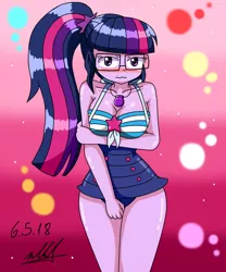 Size: 1000x1200 | Tagged: suggestive, artist:neutralchilean, derpibooru import, sci-twi, twilight sparkle, equestria girls, equestria girls series, forgotten friendship, attached skirt, blushing, bow swimsuit, breasts, busty twilight sparkle, clothes, embarrassed, female, geode of telekinesis, glasses, lidded eyes, magical geodes, one-piece swimsuit, ponytail, sexy, skirt, solo, solo female, stupid sexy sci-twi, swimsuit