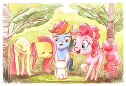 Size: 1200x819 | Tagged: safe, artist:maltese101, derpibooru import, fluttershy, pinkie pie, rainbow dash, earth pony, pegasus, pony, rabbit, female, forest, looking at something, mare, traditional art, trio, varying degrees of amusement