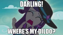 Size: 1280x720 | Tagged: suggestive, derpibooru import, edit, edited screencap, screencap, rarity, equestria girls, equestria girls series, lost and found, caption, complete disaster, darling, dildo, hat, image macro, implied masturbation, implied sex, marshmelodrama, meme, panic, sex toy, solo, sun hat, text