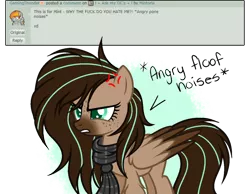 Size: 1024x793 | Tagged: safe, artist:mintoria, derpibooru import, oc, oc:mint, unofficial characters only, pegasus, pony, ask, clothes, cross-popping veins, descriptive noise, deviantart, female, mare, scarf, simple background, solo, transparent background, vulgar