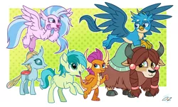 Size: 2680x1624 | Tagged: safe, artist:iheartjapan789, derpibooru import, gallus, ocellus, sandbar, silverstream, smolder, yona, changedling, changeling, classical hippogriff, dragon, earth pony, gryphon, hippogriff, pony, yak, school daze, chest fluff, cloven hooves, cutie mark, dragoness, female, flying, looking at each other, male, paws, signature, smiling, stamp of approval, student six, teenager, wings