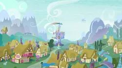 Size: 1280x720 | Tagged: safe, derpibooru import, screencap, berry punch, berryshine, daisy, flower wishes, lemon hearts, linky, ponet, rainbow dash, shoeshine, tank, pegasus, pony, tortoise, tanks for the memories, cloudsdale, flying, ponyville, rainbow trail, scenery, twilight's castle