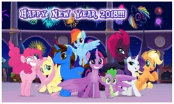 Size: 2544x1518 | Tagged: safe, artist:andoanimalia, derpibooru import, applejack, fluttershy, pinkie pie, rainbow dash, rarity, spike, tempest shadow, twilight sparkle, twilight sparkle (alicorn), oc, oc:andoanimalia, alicorn, dragon, earth pony, pegasus, pony, unicorn, 2018, female, fireworks, happy new year, holiday, male, mane seven, mane six, mare, new year, stallion