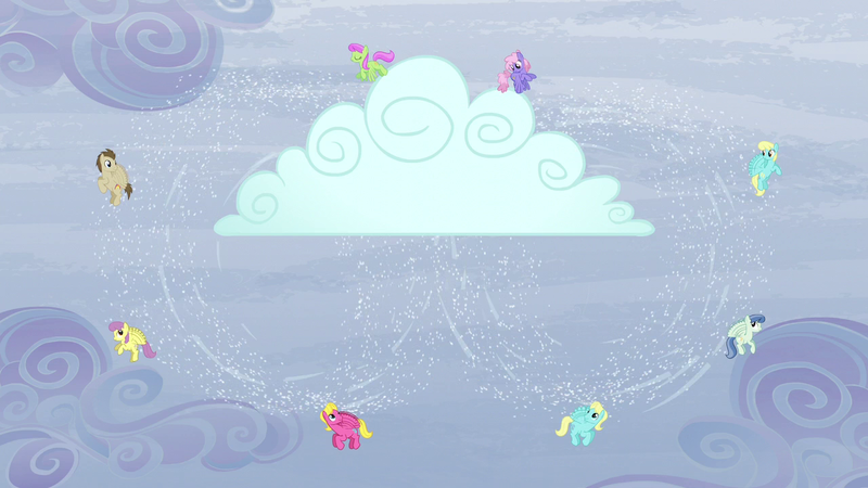 Size: 1280x720 | Tagged: safe, derpibooru import, screencap, crescent pony, dewdrop, mane moon, merry may, parasol, rainbowshine, sassaflash, spring skies, pegasus, pony, tanks for the memories, alternate cutie mark, background pony, buzzing wings, cloud, female, flying, i'll fly, male, mare, snow, stallion