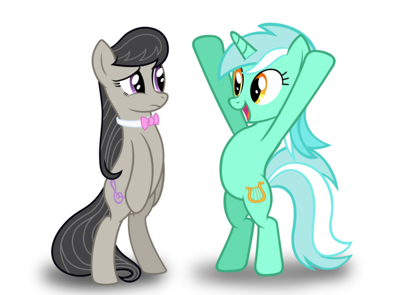 Size: 2048x1536 | Tagged: safe, artist:therealsilvershit, derpibooru import, lyra heartstrings, octavia melody, earth pony, pony, unicorn, bipedal, confused, crack shipping, cute, female, lesbian, lyrabetes, octyra, shipping, simple background, tavibetes, transparent background, vector