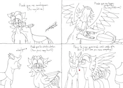 Size: 5687x4068 | Tagged: safe, artist:summerium, derpibooru import, oc, oc:sasir, oc:summer lights, unofficial characters only, changedling, changeling, pegasus, pony, absurd resolution, bad pun, biting, black and white, couple, cute, gay, grayscale, kiss on the cheek, kissing, male, mixed media, monochrome, pun, spanish, text, tickling, unshorn fetlocks, wings