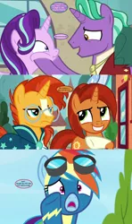 Size: 1280x2160 | Tagged: cheek squish, cloak, clothes, comic, derpibooru import, edit, edited screencap, embarrassed, firelight, glasses, goggles, implied bow hothoof, implied windy whistles, necktie, parental glideance, rainbow dash, safe, screencap, screencap comic, sire's hollow, speech bubble, squishy cheeks, starlight glimmer, stellar flare, sunburst, sunburst is not amused, text, the parent map, unamused, uniform, wonderbolts uniform