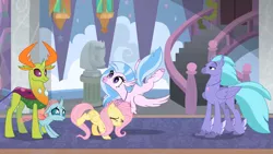 Size: 1920x1080 | Tagged: changedling, changeling, derpibooru import, excited, faic, female, fluttershy, king thorax, male, ocellus, safe, school, school daze, screencap, seaspray, silverstream, staircase, stairs, statue, thorax