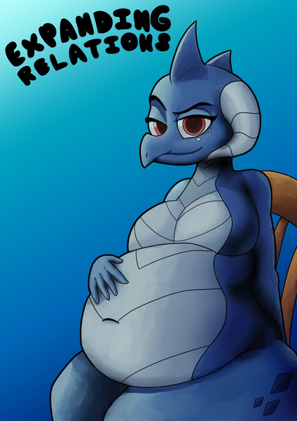 Size: 904x1280 | Tagged: anthro, artist:ahobobo, bedroom eyes, belly, belly button, big belly, breasts, chair, comic:expanding relations, derpibooru import, dragon, dragoness, dragonlard ember, fanfic, fanfic art, fanfic cover, fat, featureless breasts, female, kitchen eyes, princess ember, simple background, suggestive, wingless, wingless anthro