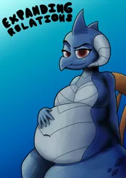 Size: 904x1280 | Tagged: anthro, artist:ahobobo, bedroom eyes, belly, belly button, big belly, breasts, chair, comic:expanding relations, derpibooru import, dragon, dragoness, dragonlard ember, fanfic, fanfic art, fanfic cover, fat, featureless breasts, female, kitchen eyes, princess ember, simple background, suggestive, wingless, wingless anthro